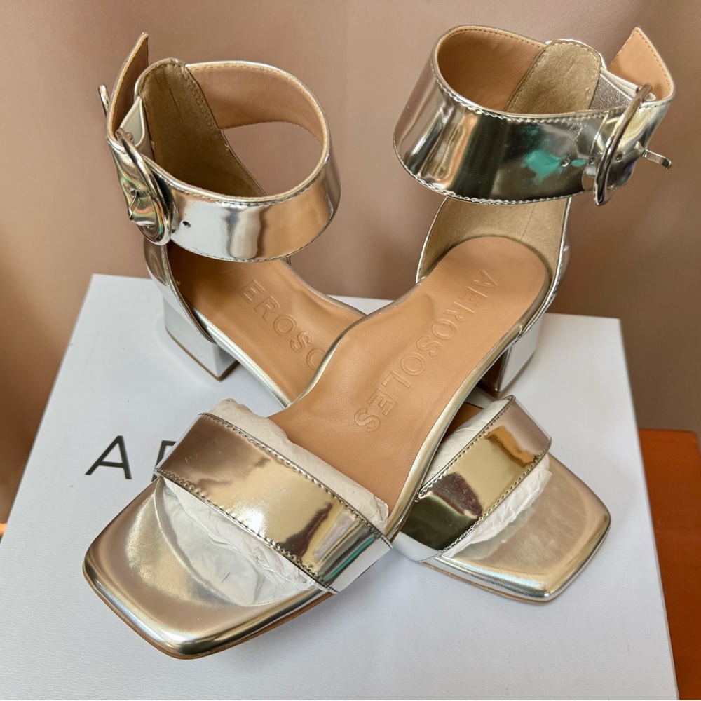 AEROSOLES Metallic Silver Heeled Sandals Eliza
